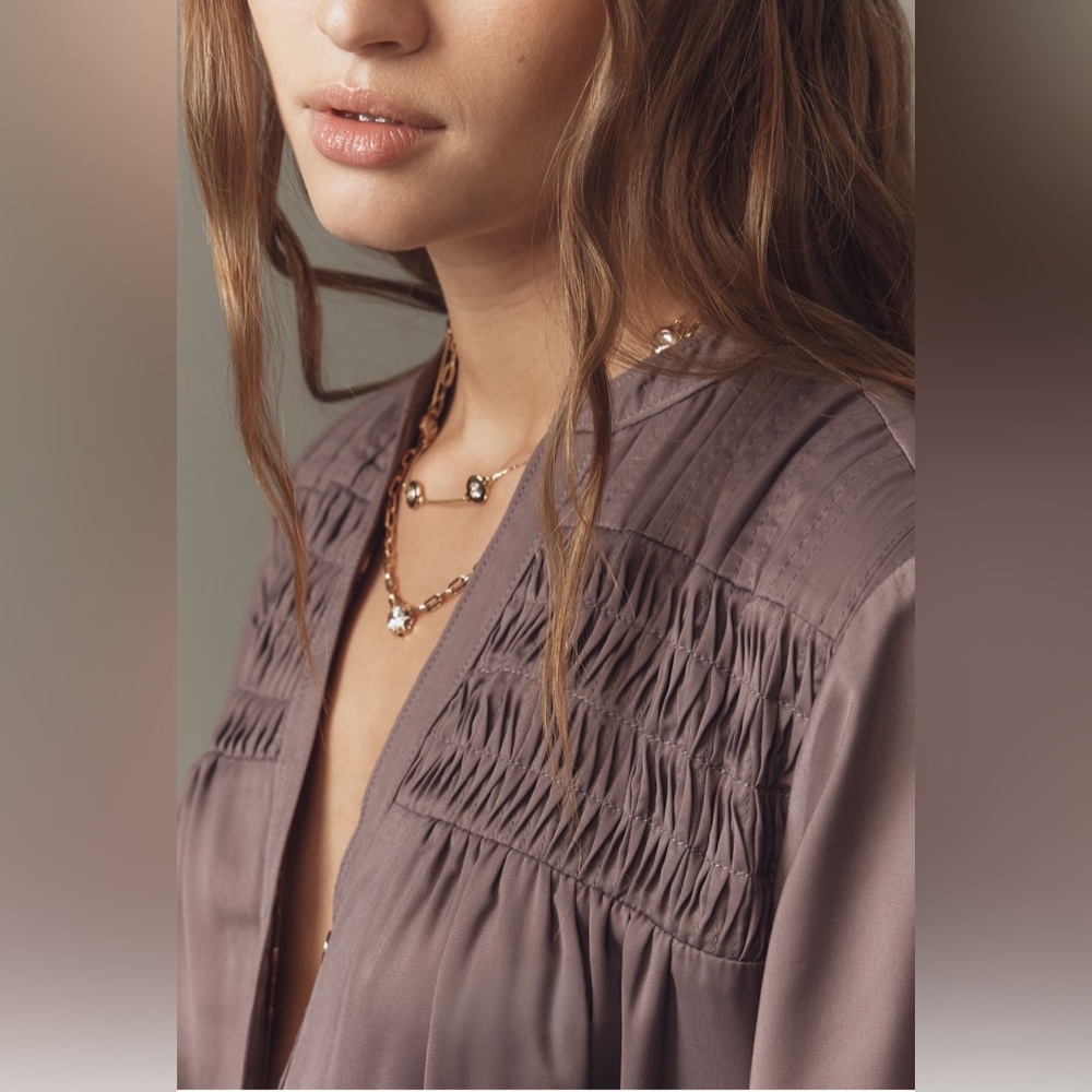 Pilcro Long-Sleeve V-Neck Mini Shirt Dress in Shark - Picture 3 of 4